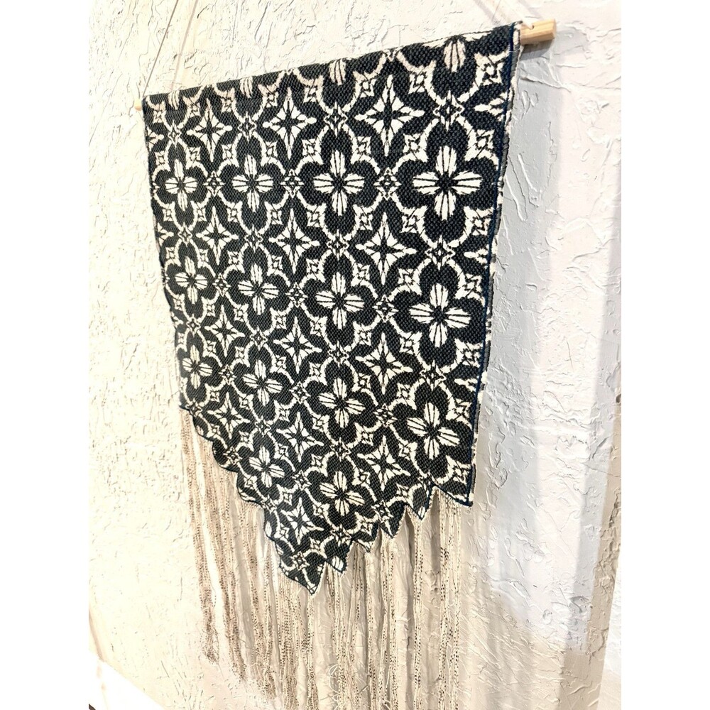 Boho Macrame Wall Hanging Hand Woven Tassels Fringe Navy Blue Cream 45 x 25